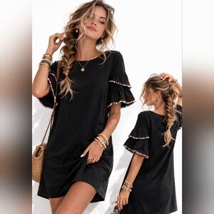 Very J Pom Sleeves Swing Shift Dress Black